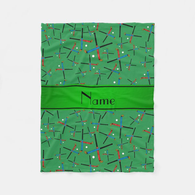Personalised name green field hockey pattern fleece blanket (Front)