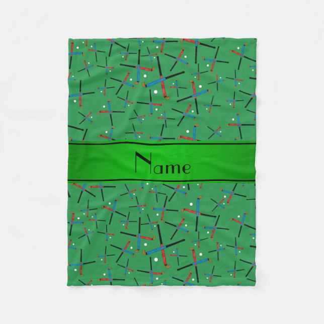 Personalised name green field hockey pattern fleece blanket (Front)