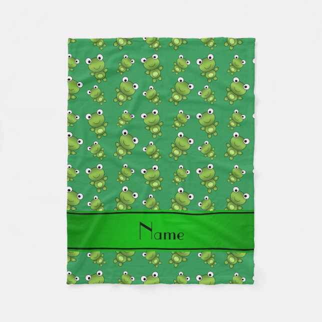 Personalised name green frogs fleece blanket (Front)