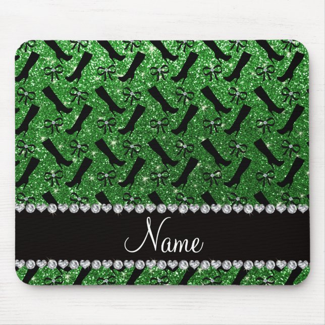 Personalised name green glitter boots bows mouse pad (Front)