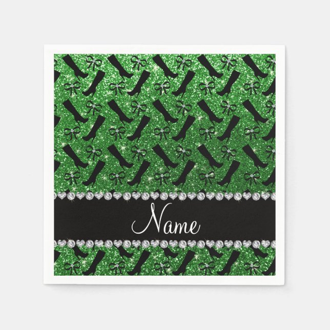 Personalised name green glitter boots bows napkin (Front)