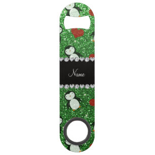 Personalised name green glitter penguins hearts