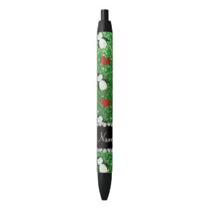 Personalised name green glitter penguins hearts black ink pen