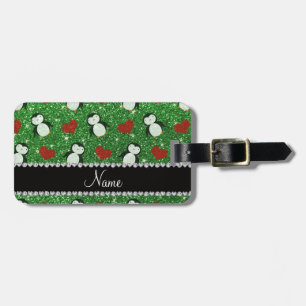 Personalised name green glitter penguins hearts luggage tag