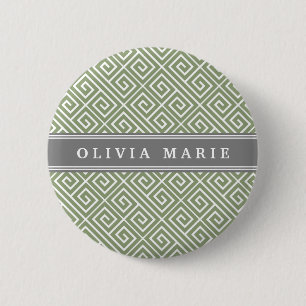 Personalised Name Green Greek Key Pattern 6 Cm Round Badge