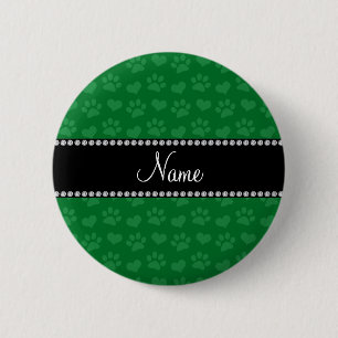 Personalised name green hearts and paw prints 6 cm round badge