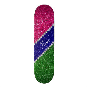 Personalised name green hot pink glitter skateboard