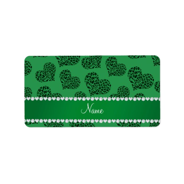 Personalised name green leopard hearts label (Front)