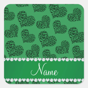 Personalised name green leopard hearts square sticker