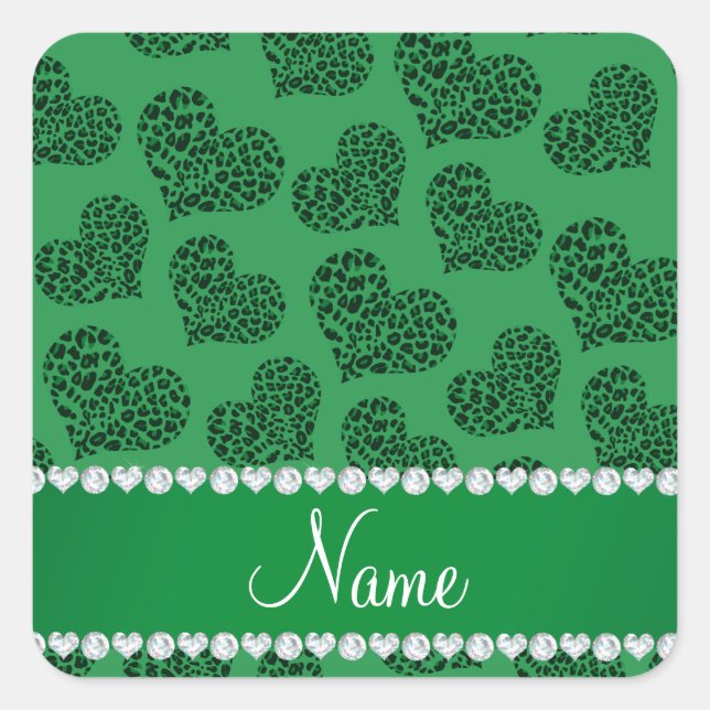 Personalised name green leopard hearts square sticker (Front)