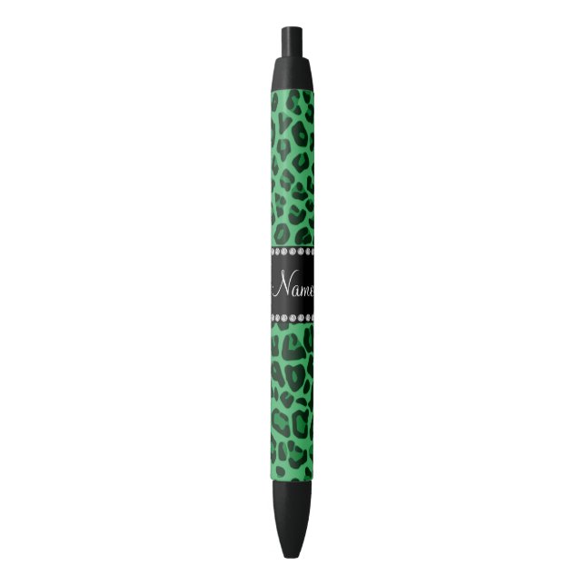 Personalised name green leopard pattern black ink pen (Front Vertical)