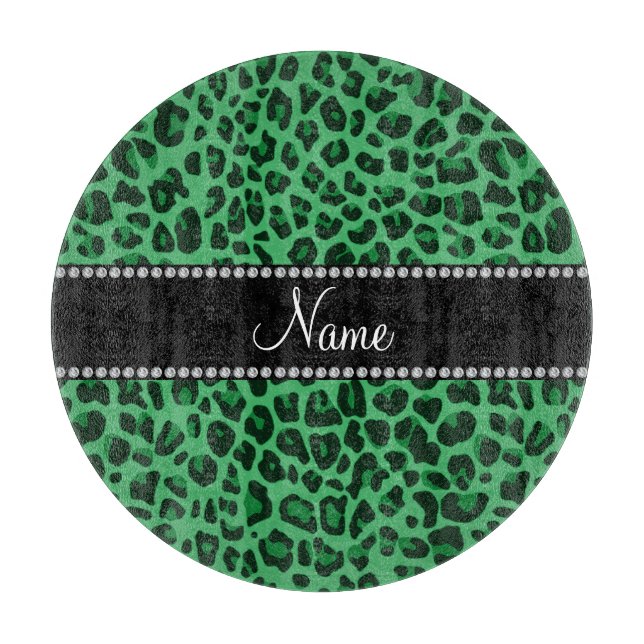Personalised name green leopard pattern cutting board (Front)