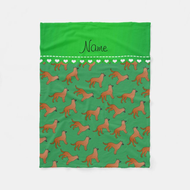 Personalised name green malinois dogs fleece blanket (Front)