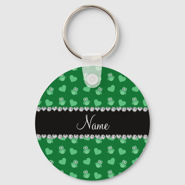 Personalised name green owl hearts key ring (Front)