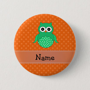 Personalised name green owl orange polka dots 6 cm round badge