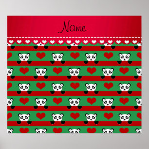 Personalised name green panda red heart stripes poster