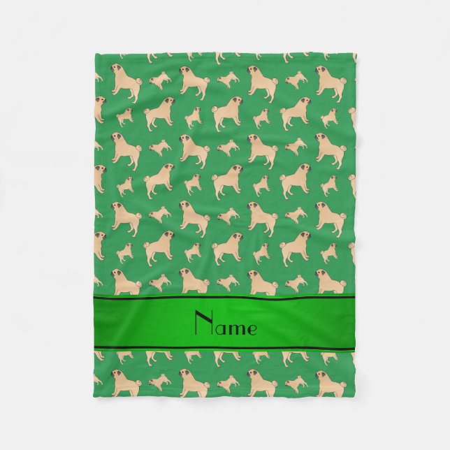 Personalised name green Pug dogs Fleece Blanket (Front)