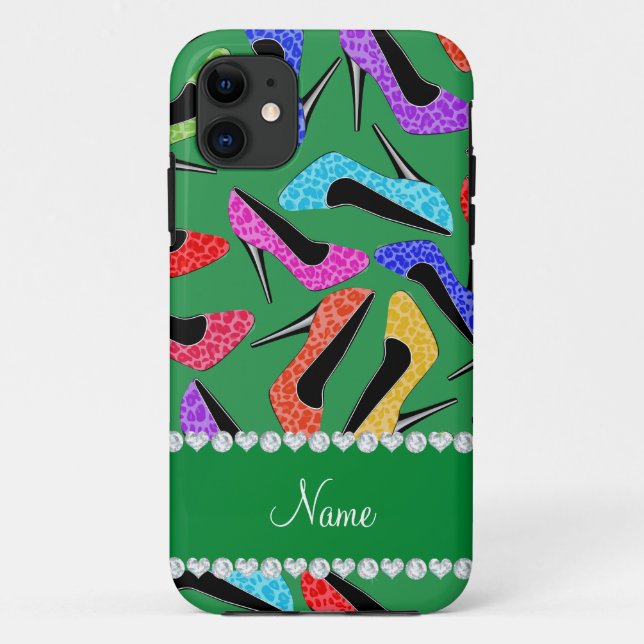 Personalised name green rainbow leopard high heels Case-Mate iPhone case (Back)