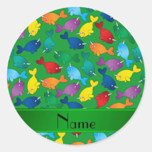 Personalised name green rainbow narwhals classic round sticker