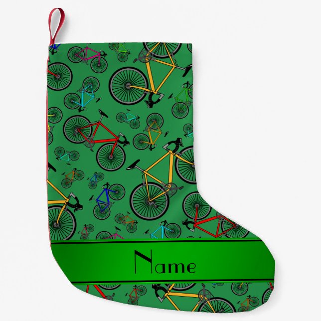 Personalised name green road bikes small christmas stocking (Front)
