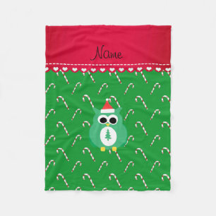 Personalised name green santa owl green candy cane fleece blanket