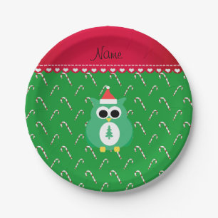 Personalised name green santa owl green candy cane paper plate