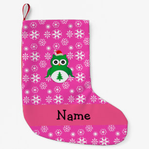 Personalised name green santa owl pink snowflakes small christmas stocking