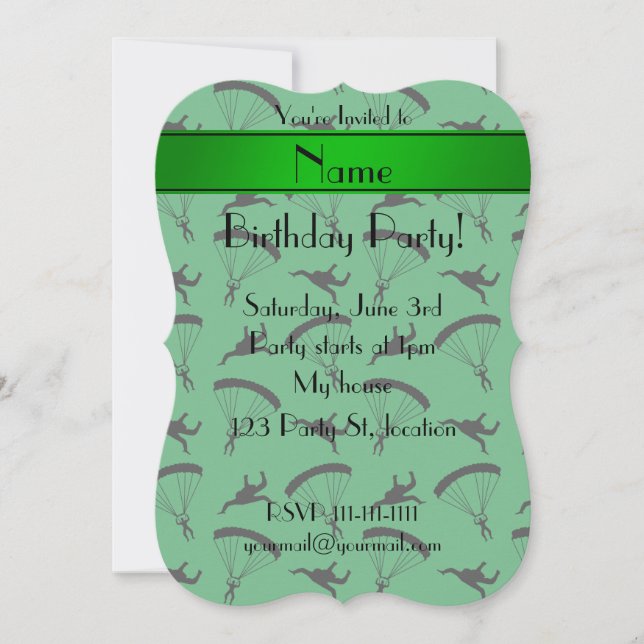 Personalised name green skydiving pattern invitation (Front)