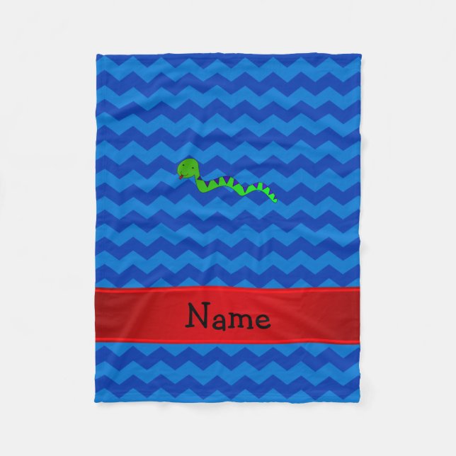 Personalised name green snake blue chevrons fleece blanket (Front)