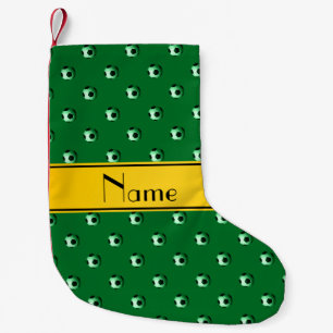 Personalised name green soccer yellow stripe small christmas stocking