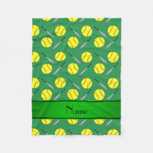 Personalised name green softball pattern fleece blanket