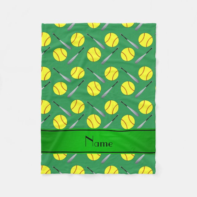 Personalised name green softball pattern fleece blanket (Front)