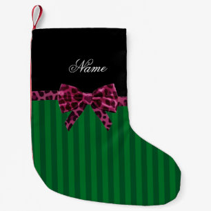 Personalised name green stripes plum leopard bow small christmas stocking
