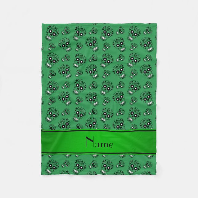 Personalised name green sugar skulls fleece blanket (Front)