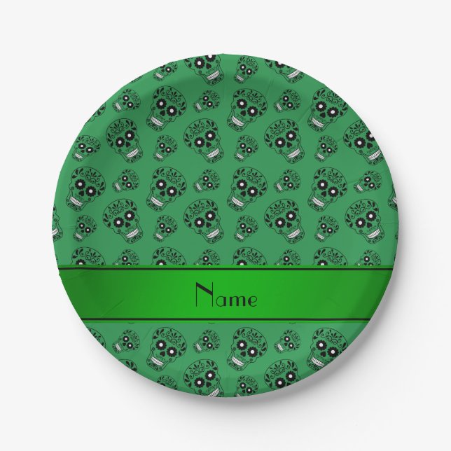 Personalised name green sugar skulls paper plate (Front)