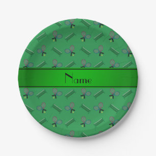 Personalised name green tennis rackets and nets paper plate