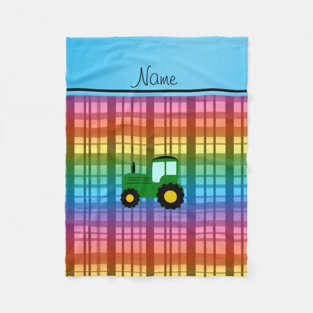 Personalised name green tractor rainbow plaid fleece blanket (Front)