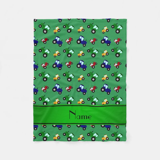 Personalised name green tractors fleece blanket (Front)