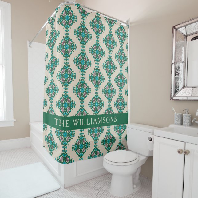 Personalised Name Green Vintage Tile Pattern  Shower Curtain (In Situ)