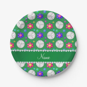 Personalised name green volleyball rainbow flowers paper plate