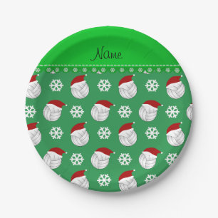 Personalised name green volleyballs santa hats paper plate