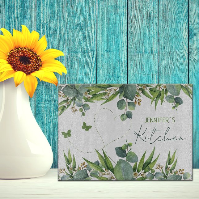 Personalised Name Green Watercolor Leaves Cutting Board (Creator Uploaded)