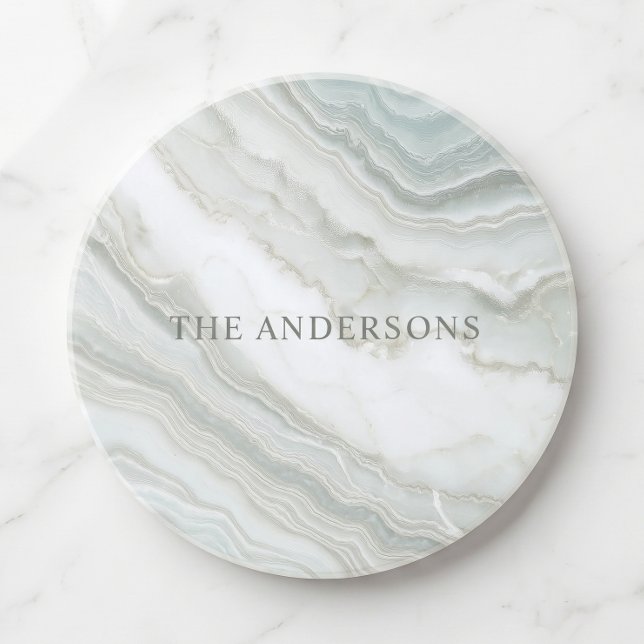 Personalised Name Green White Abstract Marble  Coaster (Elegant, modern, luxury, personalized name, faux marble coaster )