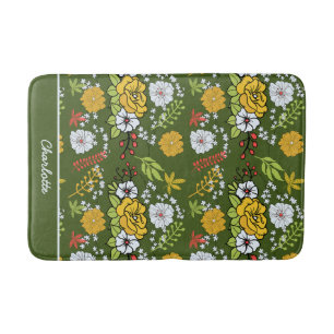 Personalised name greenery floral seamless pattern bath mat