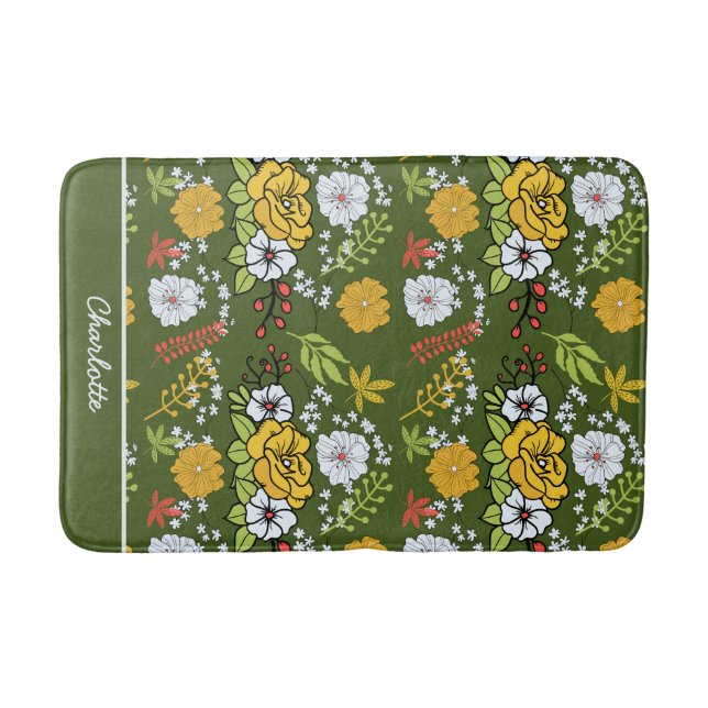 Personalised name greenery floral seamless pattern bath mat (Front)