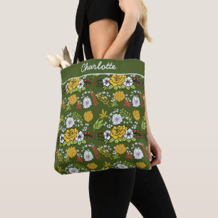 Personalised name greenery floral seamless pattern tote bag