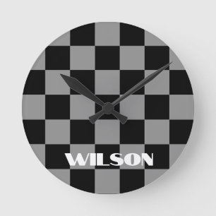 personalised name grey and black chequered round clock