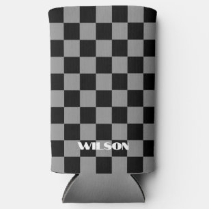 personalised name grey and black chequered seltzer can cooler