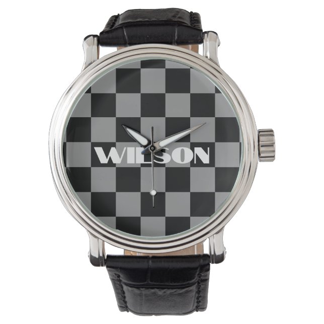 personalised name grey and black chequered  watch (Front)