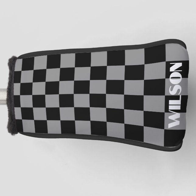 Personalised name grey &black chequered  golf head cover (Front)